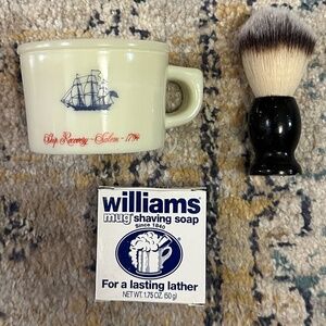 Old Spice glass shaving mug set: wood handled brush & new old stock shaving puck